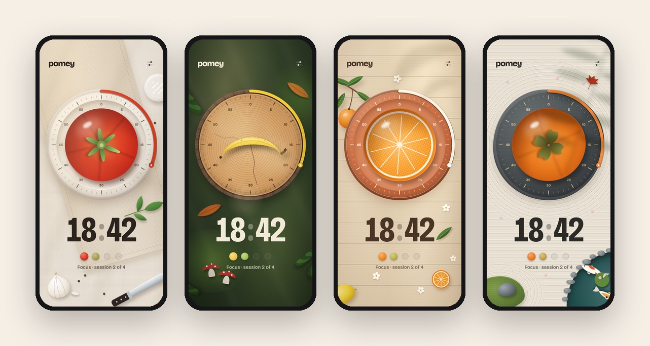 Day themes: Kitchen, Forest, Citrus Grove, Zen Garden